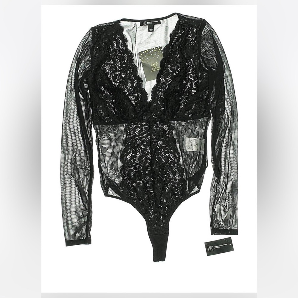 INC International Concepts Black Sheer Deep V Neck Size S Lace Bodysuit NWT